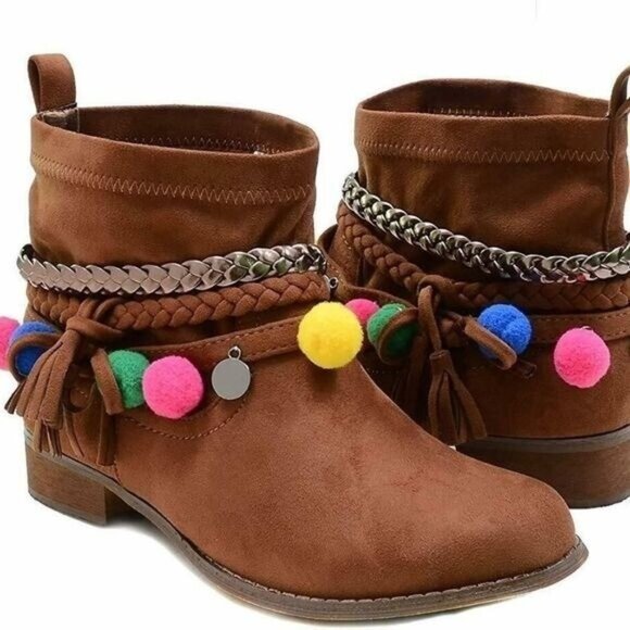 Funky Cowgirl Tan Braided Anklet Removable Pom Pom Charm Vegan Boots NIB Western - Picture 2 of 5